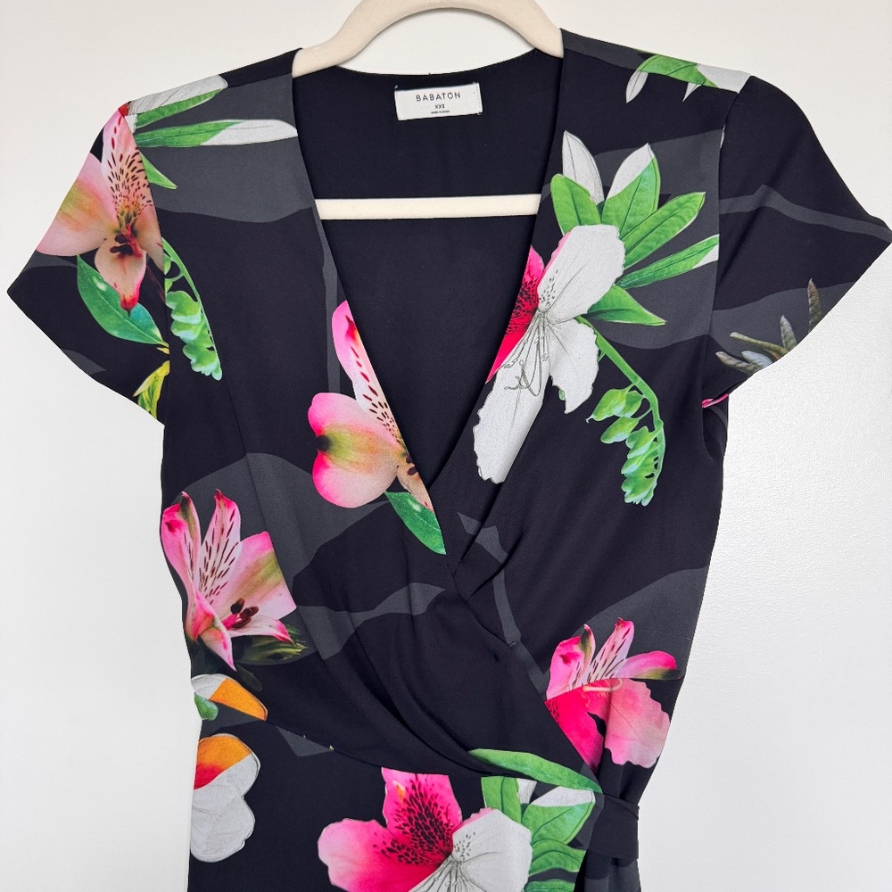 Babaton Aritzia Lyndon Black Floral Wrap Dress XXS
